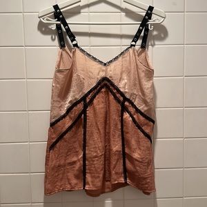 Zara Womens M/8 Tank Top In Mauve & Blush Silk With Black Lace & Snap Details